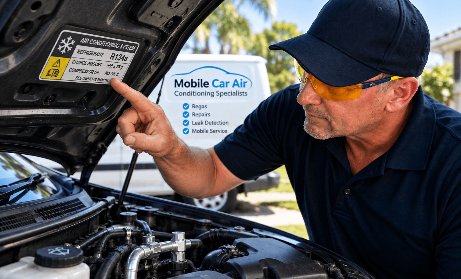 Technician checking R134a refrigerant label on a car air conditioning system
